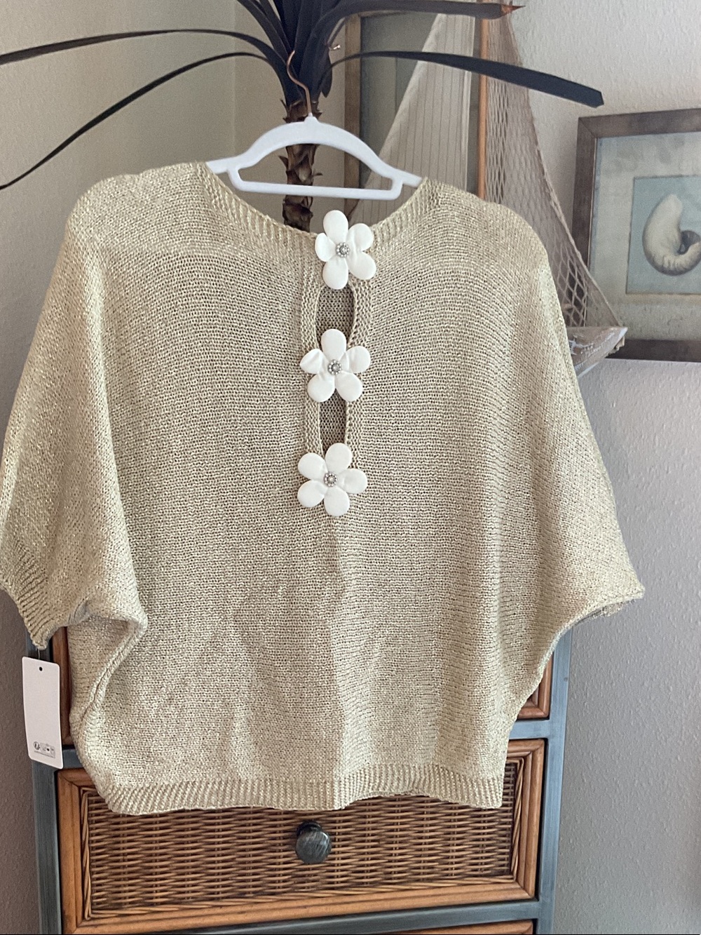 Cream Knit Floral-Button Poncho Sweater
